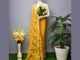 Mustard Natural Crepe Brocade Unstitched Suits (97M)