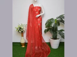 Red Cotton Silk Lurex Jacquard Unstitched Suits (554L)